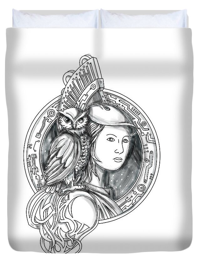 Athena with Owl on Shoulder Electronic Circuit Circle Tattoo Duvet Cover by Aloysius Patrimonio - Pixels